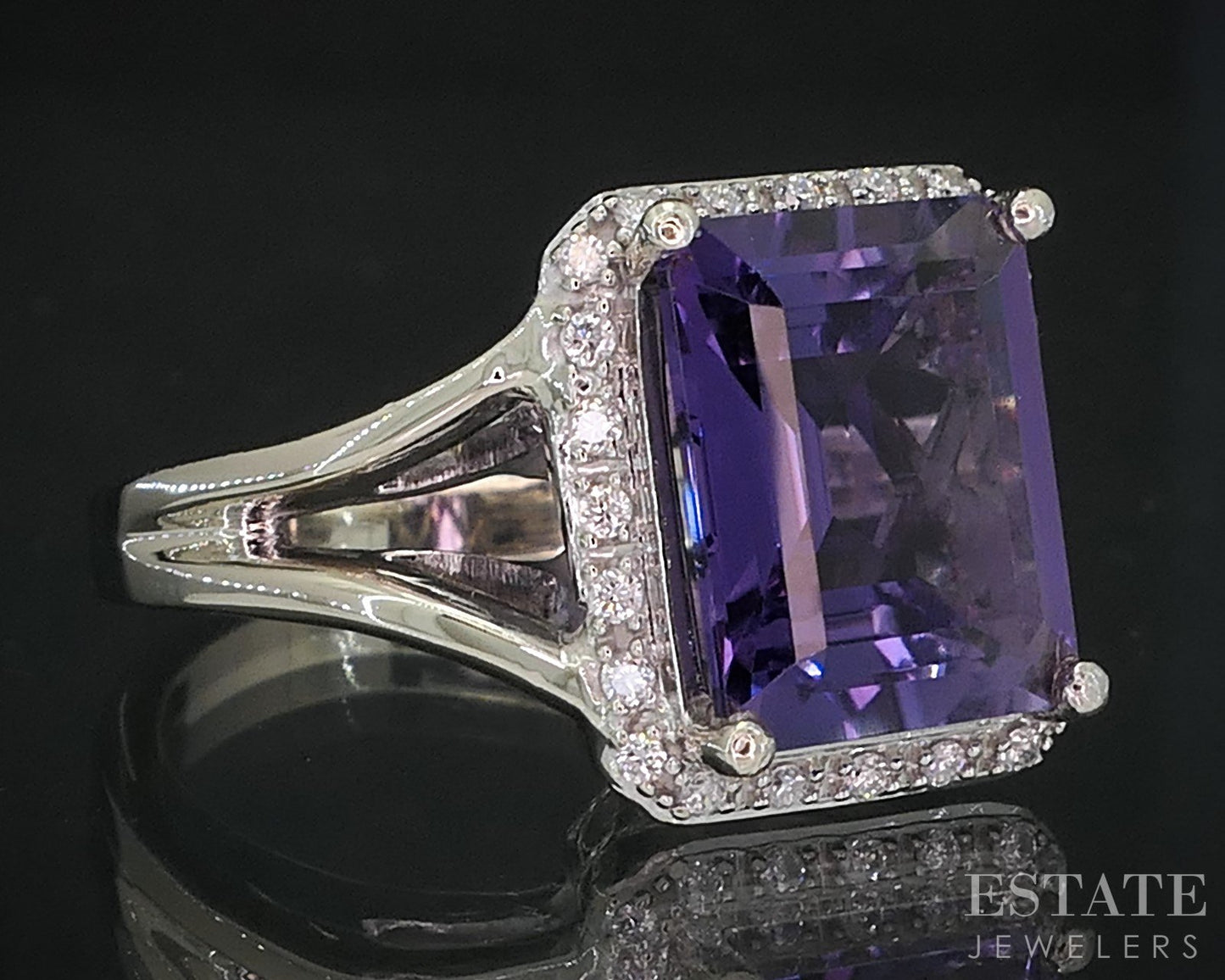 14k White Gold Emerald Natural Amethyst & Diamond Ladies Halo Ring 6.1g i19047b