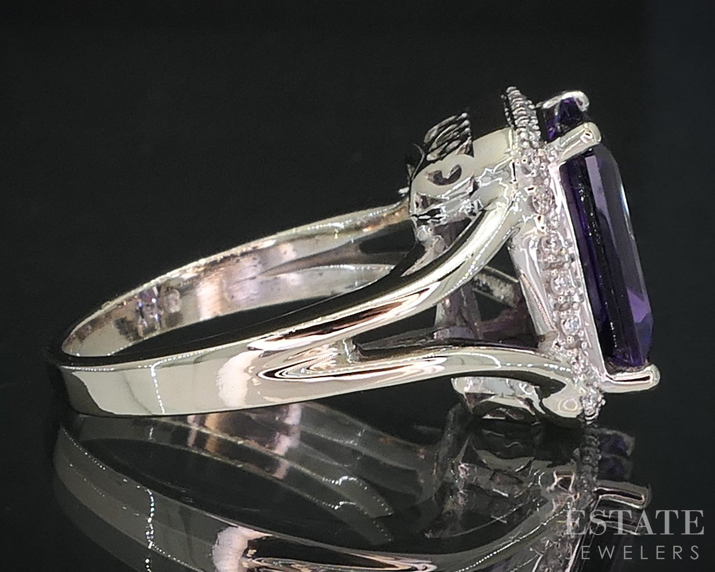 14k White Gold Emerald Natural Amethyst & Diamond Ladies Halo Ring 6.1g i19047b