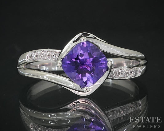 10k White Gold Natural Amethyst & Diamond Bypass Ladies Ring 3.8g i19045b