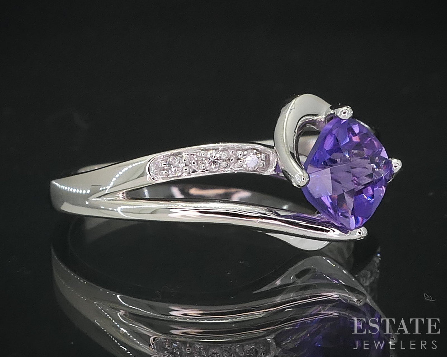 10k White Gold Natural Amethyst & Diamond Bypass Ladies Ring 3.8g i19045b