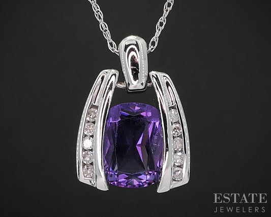 14k White Gold Natural Amethyst & Diamond Ladies Necklace 2.6g 18"L i19034b