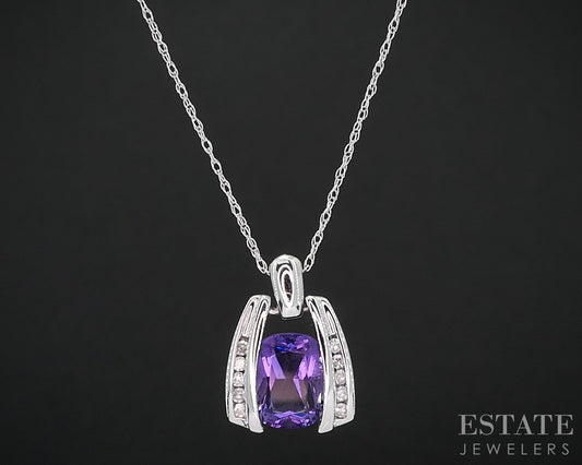 14k White Gold Natural Amethyst & Diamond Ladies Necklace 2.6g 18"L i19034b
