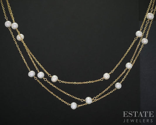 14k Yellow Gold 4.5mm Cultured Pearl Layered Collar Necklace 5.3g 16"L i19037b
