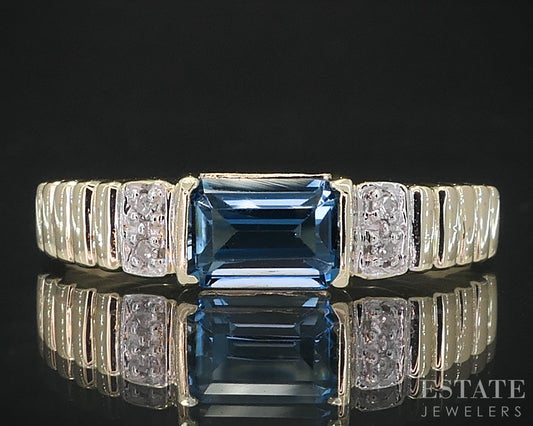 10k Yellow Gold Natural Blue Topaz & Diamond Ladies Band Ring 1.8g i19011b