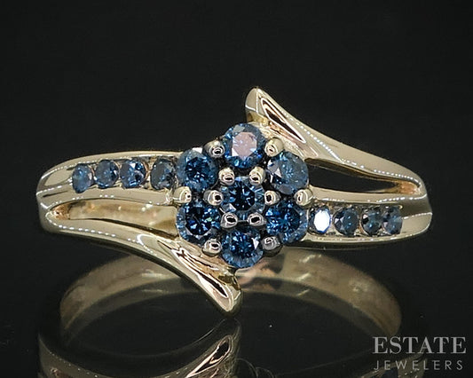 14k Yellow Gold Natural .25ctw Blue Diamond Cluster Bypass Ring 2.4g i19015b