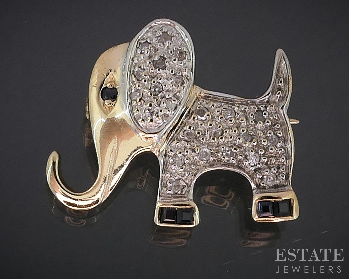 14k Yellow Gold Natural Blue Sapphire & Diamond Elephant Pin Brooch 2.9g i19026b