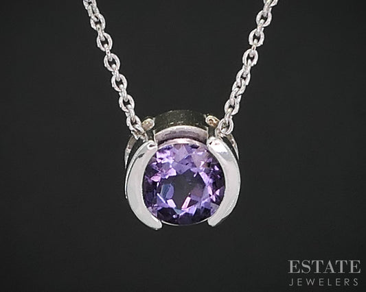14k White Gold Round Natural Amethyst Bezel Solitaire Necklace 2.3g i19032b