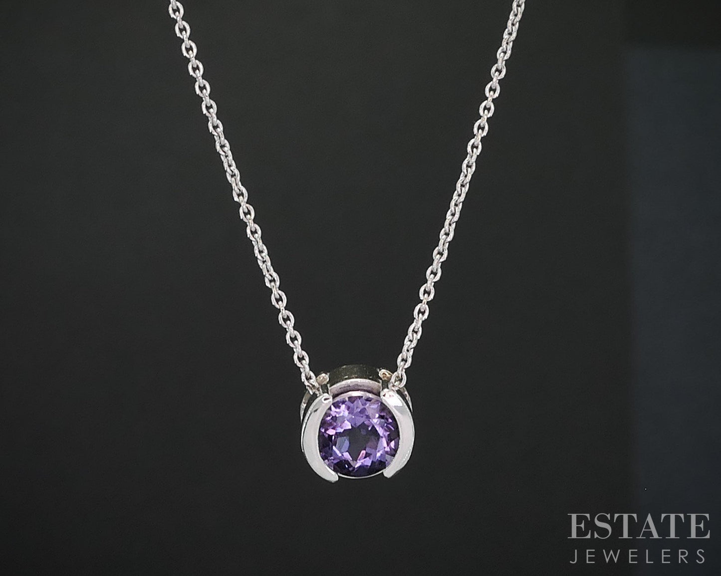 14k White Gold Round Natural Amethyst Bezel Solitaire Necklace 2.3g i19032b