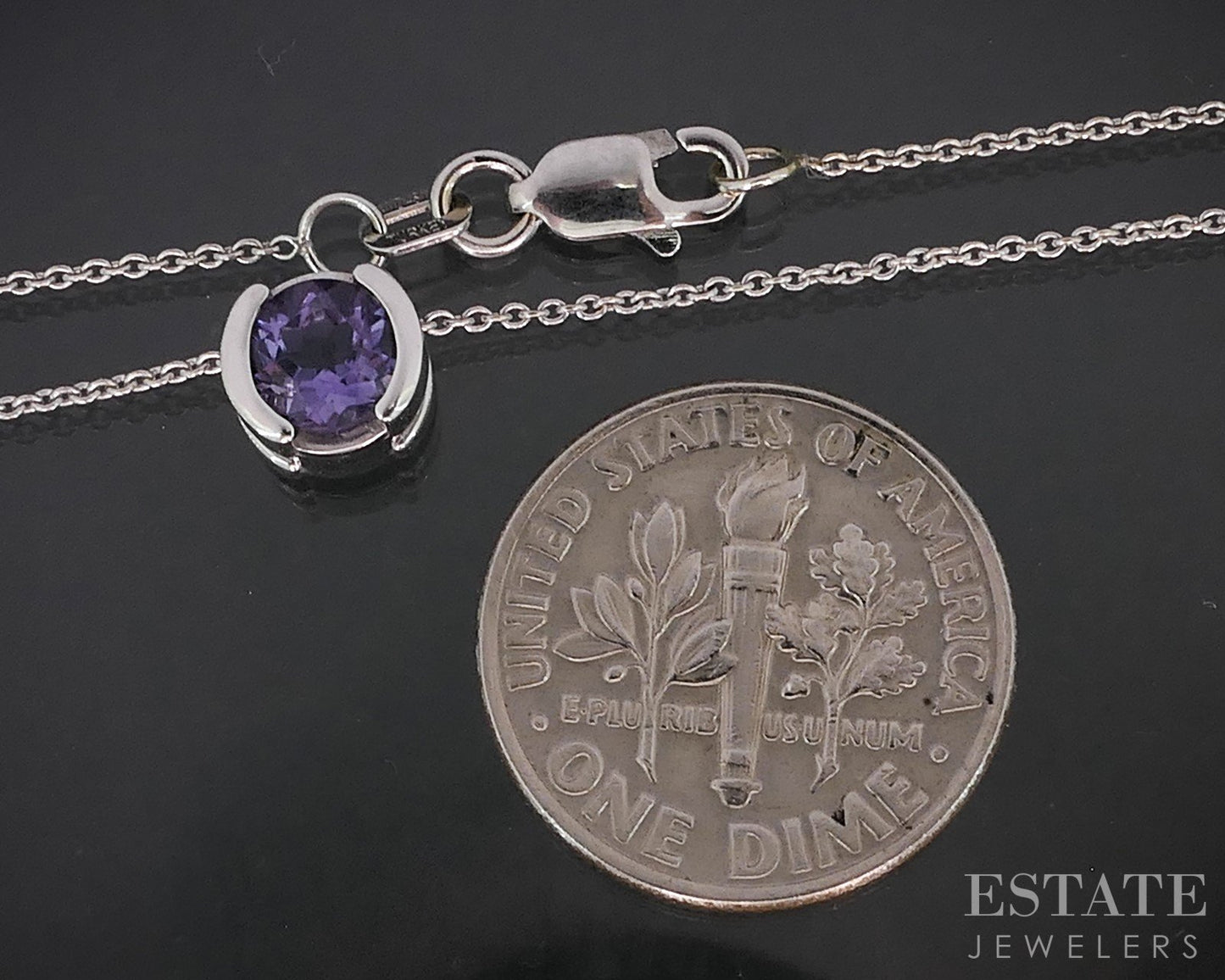 14k White Gold Round Natural Amethyst Bezel Solitaire Necklace 2.3g i19032b