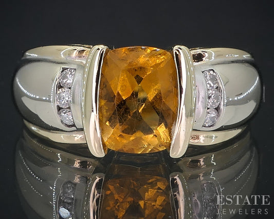 14k Yellow Gold Cushion Natural Citrine & Diamond Ladies Ring 6.5g i19092