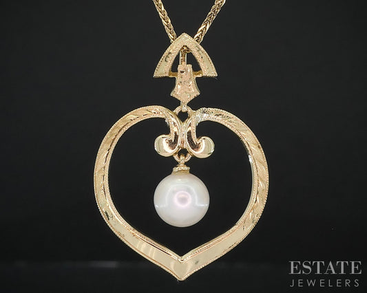 14k Yellow Gold Mikimoto 6.2mm Akoya Pearl Open Heart Necklace 4g 18"L i19087
