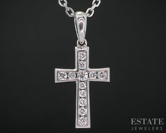 14k White Gold Natural .10ctw Diamond Cross Ladies Necklace 3.2g 18"L i19096