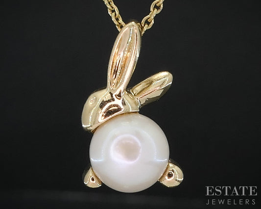 14k/10k Yellow Gold 6.9mm Cultured Pearl Bunny Ladies Necklace 2.9g 18"L i19077
