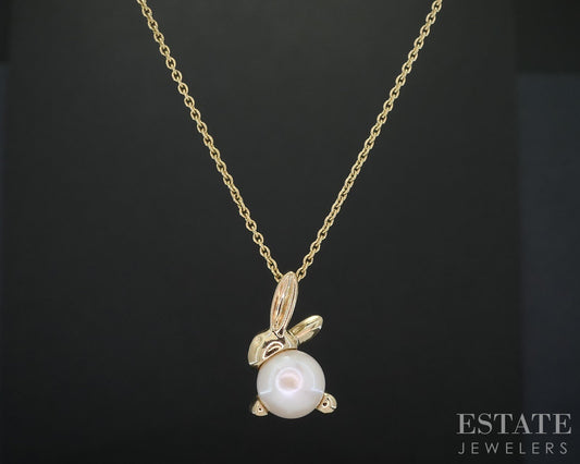 14k/10k Yellow Gold 6.9mm Cultured Pearl Bunny Ladies Necklace 2.9g 18"L i19077