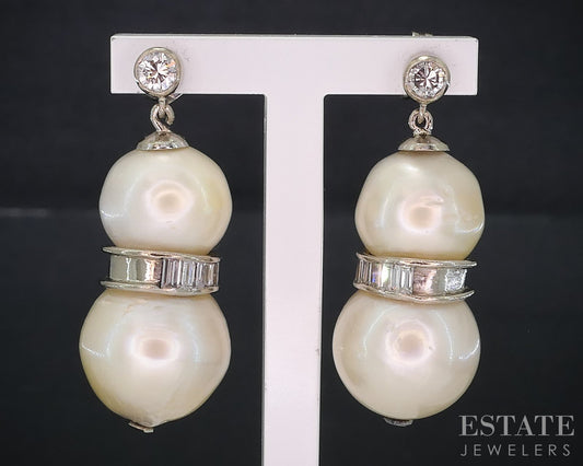 Antique 18k White Gold South Sea Pearl & Diamond Dangle Earrings 12.7g i19072