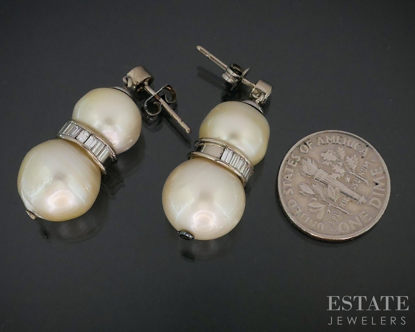 Antique 18k White Gold South Sea Pearl & Diamond Dangle Earrings 12.7g i19072