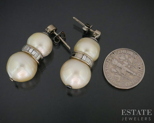 Antique 18k White Gold South Sea Pearl & Diamond Dangle Earrings 12.7g i19072