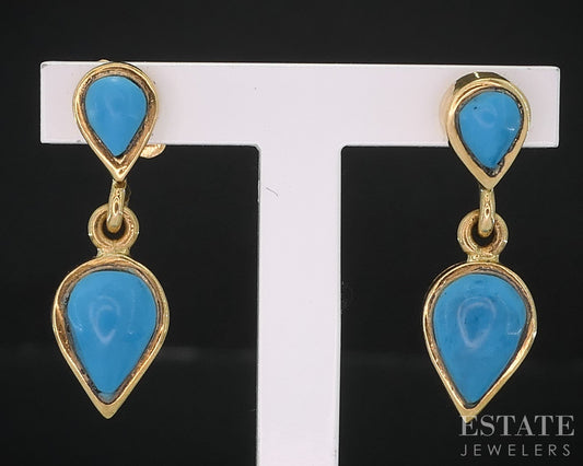 Vintage Egyptian 18k Yellow Gold Turquoise Dangle Ladies Earrings 3.6g i19076