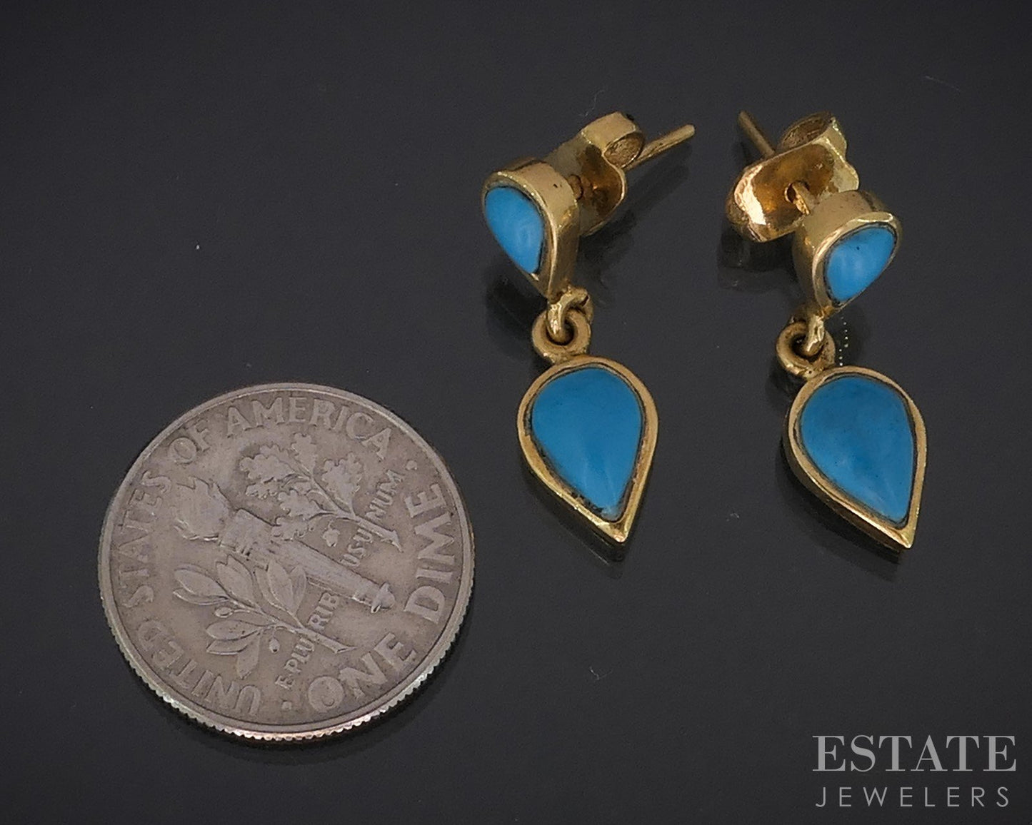 Vintage Egyptian 18k Yellow Gold Turquoise Dangle Ladies Earrings 3.6g p80620