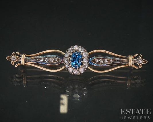 Antique Victorian 14k Gold & Sterling Diamond Blue Topaz Pin Brooch 6g i19110