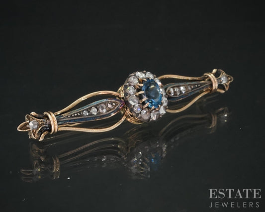 Antique Victorian 14k Gold & Sterling Diamond Blue Topaz Pin Brooch 6g i19110