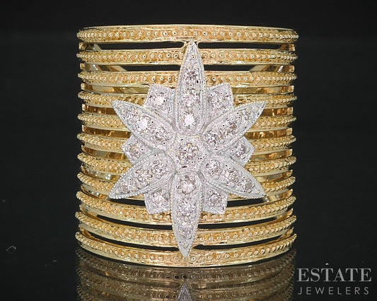 18k Yellow Gold Natural .34ctw Diamond Starburst Wide Band Ring 12.5g i19109