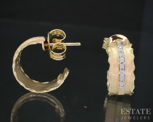 14k Yellow Gold I. Reiss Natural Diamond Hammered Hoop Earrings 5.6g i19108