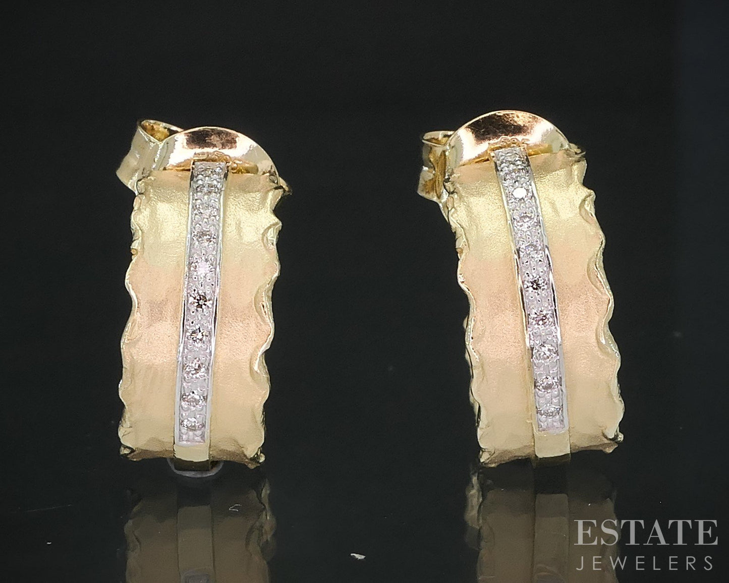 14k Yellow Gold I. Reiss Natural Diamond Hammered Hoop Earrings 5.6g i19108