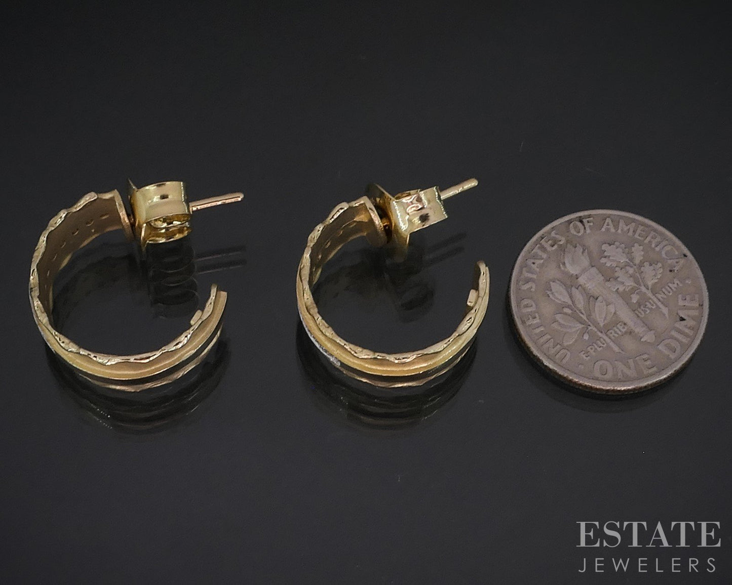 14k Yellow Gold I. Reiss Natural Diamond Hammered Hoop Earrings 5.6g i19108