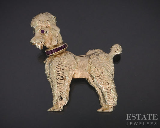 14k Yellow Gold Natural Ruby Poodle Dog Ladies Pin Brooch 13.1g i19127