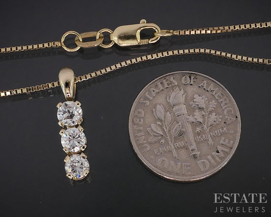 14k Yellow Gold Round Natural .54ctw Diamond Three Stone Necklace 3g 18"L i19119