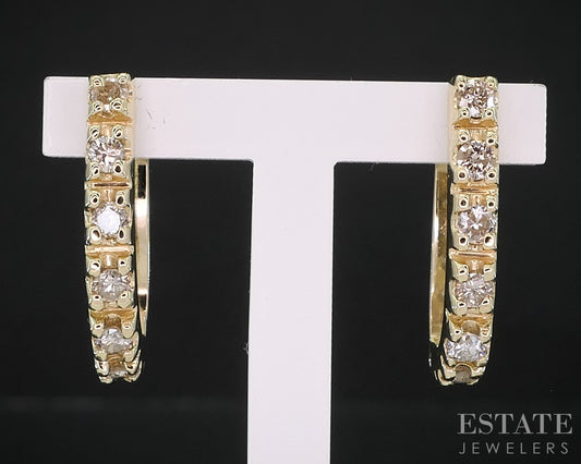 14k Yellow Gold Natural .42ctw Diamond Hinged J Hoop Earrings 4.9g i19117