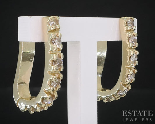 14k Yellow Gold Natural .42ctw Diamond Hinged J Hoop Earrings 4.9g i19117
