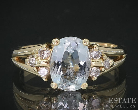 14k Yellow Gold Oval Natural 1ct Aquamarine & Diamond Ladies Ring 3.6g i19125