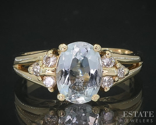 14k Yellow Gold Oval Natural 1ct Aquamarine & Diamond Ladies Ring 3.6g i19125