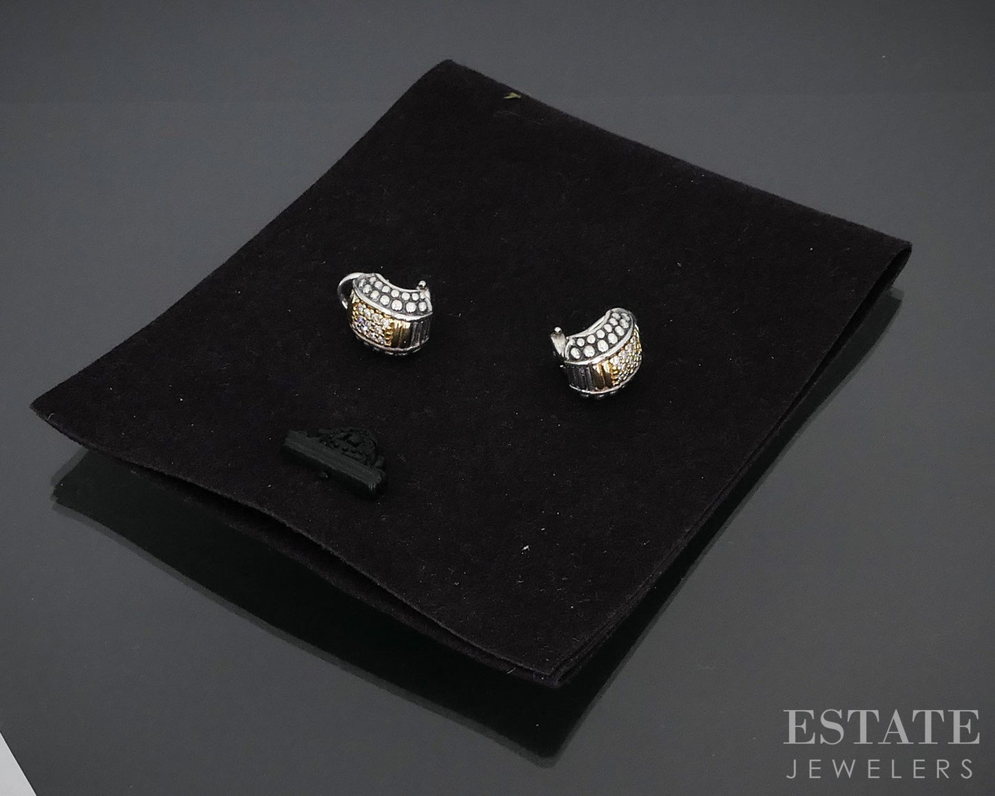 18k & Sterling Lagos Caviar Natural Diamond Hoop Omega Back Earrings 8.9g i19112