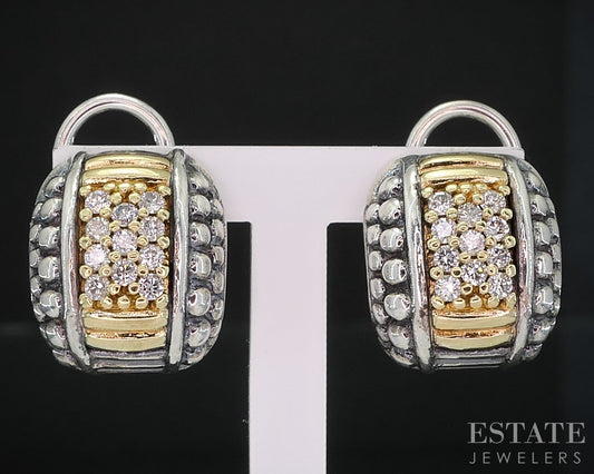 18k & Sterling Lagos Caviar Natural Diamond Hoop Omega Back Earrings 8.9g i19112