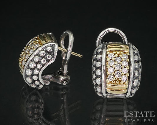 18k & Sterling Lagos Caviar Natural Diamond Hoop Omega Back Earrings 8.9g i19112