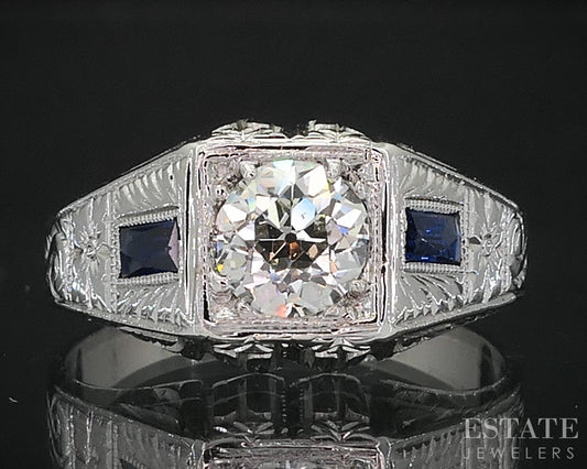 Antique Art Deco 18k Gold European .92ct Diamond Sapphire Engagement Ring i19101