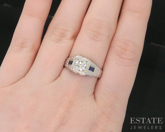 Antique Art Deco 18k Gold European .92ct Diamond Sapphire Engagement Ring i19101