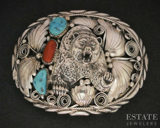 Vintage Sterling Turquoise & Coral M. Thomas Navajo Bear Belt Buckle 57g i19140