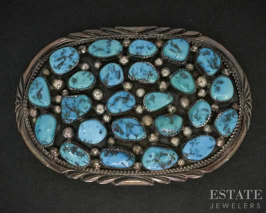 Vintage Sterling James Lee Morenci Turquoise Navajo Large Belt Buckle 90g i19138