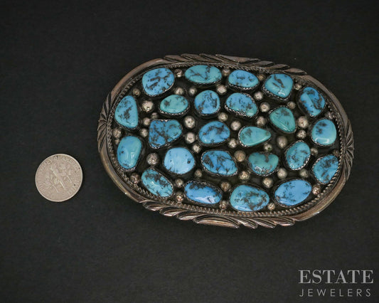 Vintage Sterling James Lee Morenci Turquoise Navajo Large Belt Buckle 90g i19138