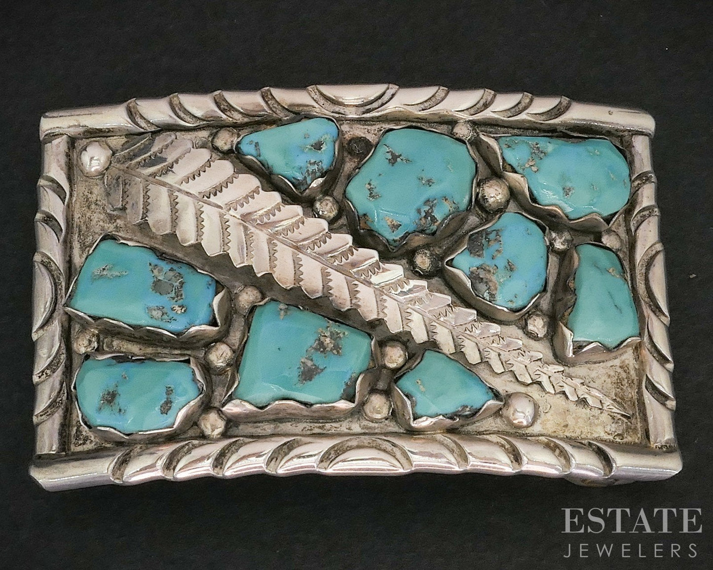 Vintage Sterling Wayne Cheanna Turquoise Feather Navajo Belt Buckle 52g i19137