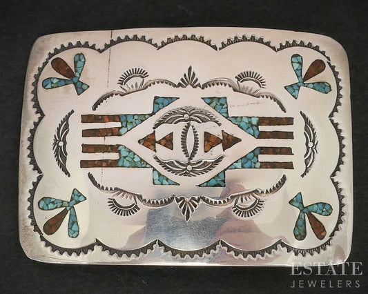 Vintage Sterling Gilo Grace Nakai Turquoise Coral Navajo Belt Buckle 33g i19135