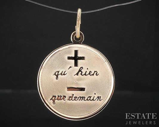 14k Yellow Gold "Qu'hier Que Domain" French Love Disk Charm 3.1g i19183