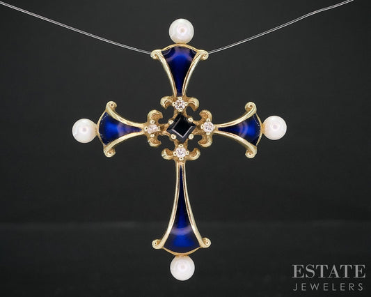 14k Yellow Gold Diamond Blue Sapphire Pearl Enameled Cross Pendant 3g i19161