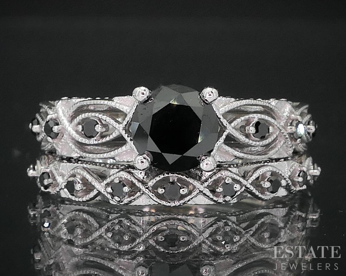 10k White Gold Round Natural 1.12ctw Black Diamond Wedding Set 5.7g i19159
