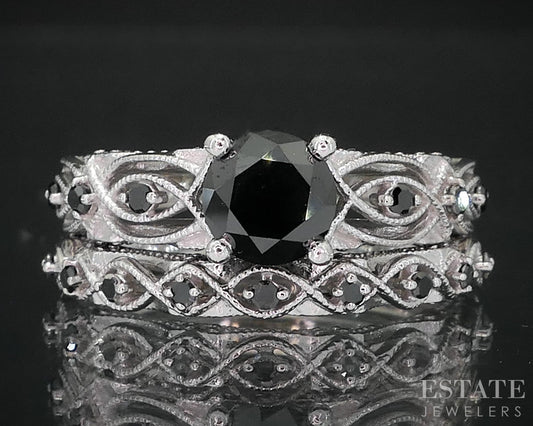 10k White Gold Round Natural 1.12ctw Black Diamond Wedding Set 5.7g i19159