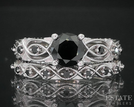 10k White Gold Round Natural 1.12ctw Black Diamond Wedding Set 5.7g i19159